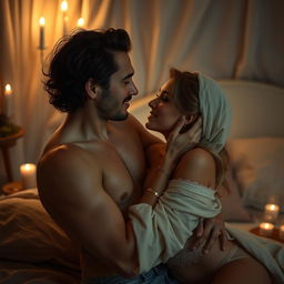 A sensual and artistic depiction of intimacy between two adults, showcasing a romantic and passionate atmosphere