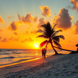 A stunning sunset over a tranquil beach, golden hues of orange and pink reflecting on the calm waves, soft white sand dotted with seashells, a silhouette of a palm tree swaying gently in the breeze, and a couple walking hand in hand along the shoreline, creating a romantic atmosphere