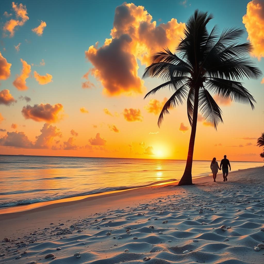 A stunning sunset over a tranquil beach, golden hues of orange and pink reflecting on the calm waves, soft white sand dotted with seashells, a silhouette of a palm tree swaying gently in the breeze, and a couple walking hand in hand along the shoreline, creating a romantic atmosphere