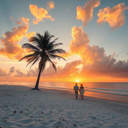 A stunning sunset over a tranquil beach, golden hues of orange and pink reflecting on the calm waves, soft white sand dotted with seashells, a silhouette of a palm tree swaying gently in the breeze, and a couple walking hand in hand along the shoreline, creating a romantic atmosphere