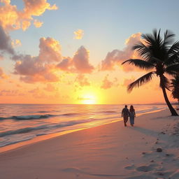 A stunning sunset over a tranquil beach, golden hues of orange and pink reflecting on the calm waves, soft white sand dotted with seashells, a silhouette of a palm tree swaying gently in the breeze, and a couple walking hand in hand along the shoreline, creating a romantic atmosphere