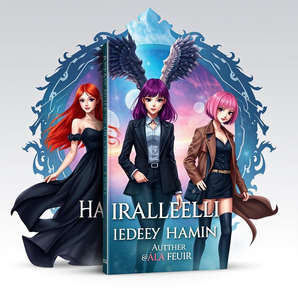 A visually appealing fantasy book cover for 'Параллели между нами' by author Аля fleur, featuring three main heroines: one with long red hair in a flowing black dress, the second with shoulder-length purple hair in a classic outfit, and the third with a pink bob hairstyle dressed in stylish K-pop clothing