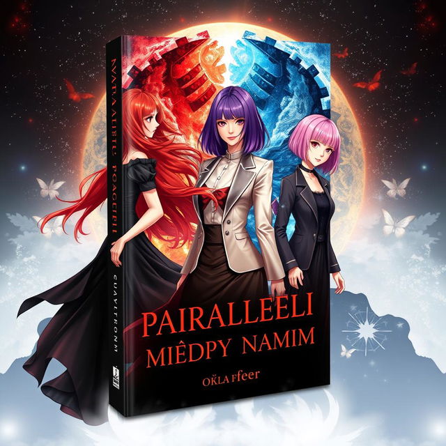 A visually appealing fantasy book cover for 'Параллели между нами' by author Аля fleur, featuring three main heroines: one with long red hair in a flowing black dress, the second with shoulder-length purple hair in a classic outfit, and the third with a pink bob hairstyle dressed in stylish K-pop clothing