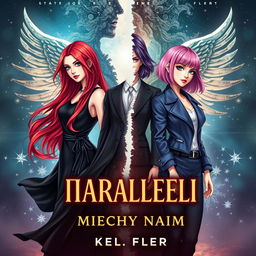 A visually appealing fantasy book cover for 'Параллели между нами' by author Аля fleur, featuring three main heroines: one with long red hair in a flowing black dress, the second with shoulder-length purple hair in a classic outfit, and the third with a pink bob hairstyle dressed in stylish K-pop clothing