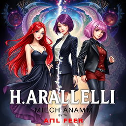 A visually appealing fantasy book cover for 'Параллели между нами' by author Аля fleur, featuring three main heroines: one with long red hair in a flowing black dress, the second with shoulder-length purple hair in a classic outfit, and the third with a pink bob hairstyle dressed in stylish K-pop clothing