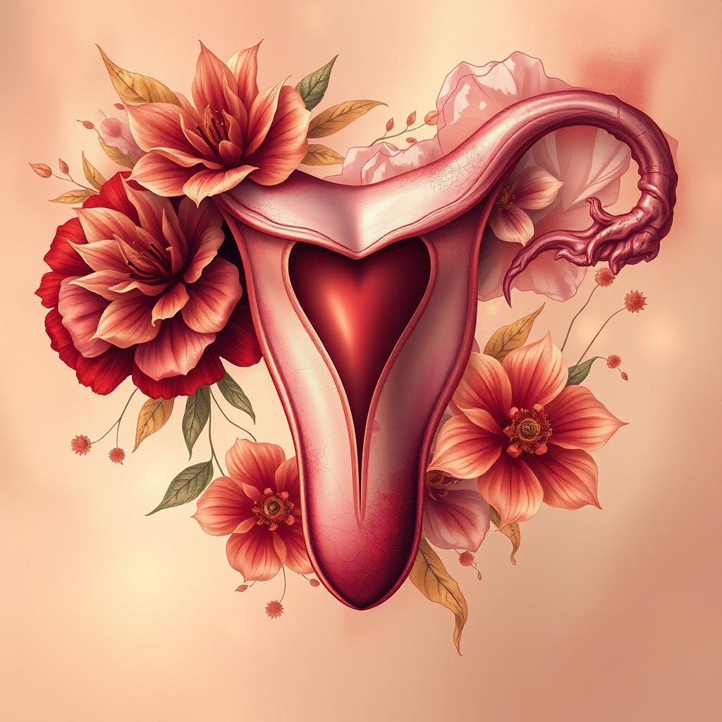 A detailed and artistic rendition of a vagina, incorporating abstract and floral elements surrounding it