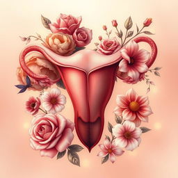 A detailed and artistic rendition of a vagina, incorporating abstract and floral elements surrounding it