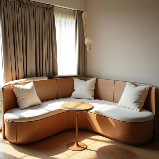 A modern living room corner featuring a unique, curved wooden sofa with soft cushions and a small round table