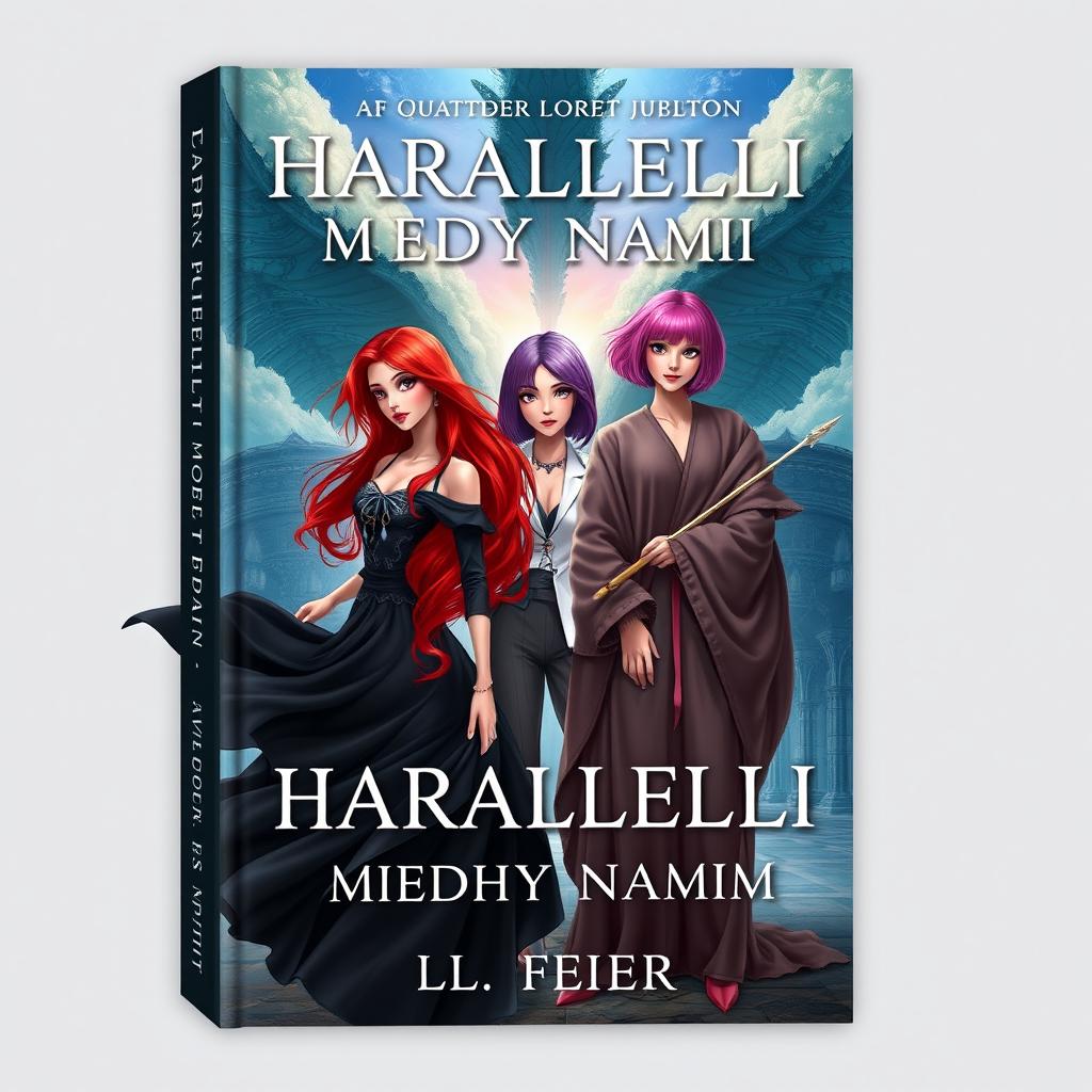 A visually captivating fantasy book cover for 'Параллели между нами' by Аля fleur, featuring three main heroines: one with long red hair wearing a flowing black dress, the second with shoulder-length purple hair in a classic outfit, and the third with a pink bob hairstyle dressed in oversized clothing