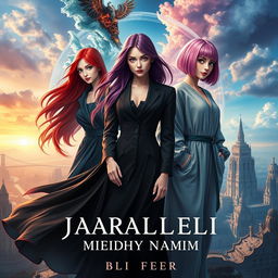 A visually captivating fantasy book cover for 'Параллели между нами' by Аля fleur, featuring three main heroines: one with long red hair wearing a flowing black dress, the second with shoulder-length purple hair in a classic outfit, and the third with a pink bob hairstyle dressed in oversized clothing