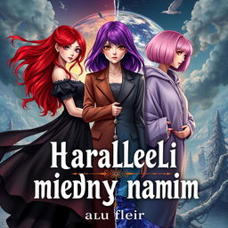 A visually captivating fantasy book cover for 'Параллели между нами' by Аля fleur, featuring three main heroines: one with long red hair wearing a flowing black dress, the second with shoulder-length purple hair in a classic outfit, and the third with a pink bob hairstyle dressed in oversized clothing