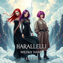 A visually captivating fantasy book cover for 'Параллели между нами' by Аля fleur, featuring three main heroines: one with long red hair wearing a flowing black dress, the second with shoulder-length purple hair in a classic outfit, and the third with a pink bob hairstyle dressed in oversized clothing