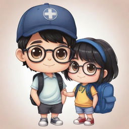 Chibi-style illustration of a beautiful couple with black hair; the boy equipped with a cap, eyeglasses, and a backpack