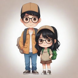 Chibi-style illustration of a beautiful couple with black hair; the boy equipped with a cap, eyeglasses, and a backpack