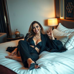 A stylish and confident adult woman with a fun and adventurous personality, lounging on a luxurious hotel room bed, exuding glamour and sophistication