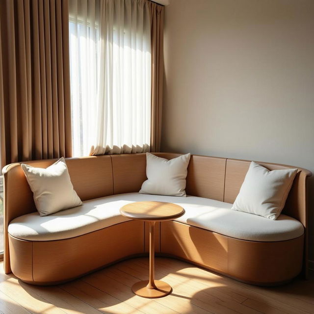 A cozy and modern interior scene featuring a curved wooden couch with soft cushions and a sleek round coffee table