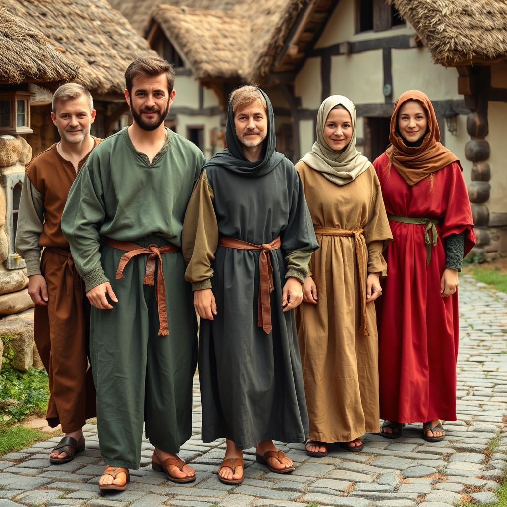 A collection of medieval peasant attires showcasing various styles and colors