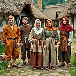 A collection of medieval peasant attires showcasing various styles and colors