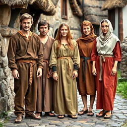 A collection of medieval peasant attires showcasing various styles and colors