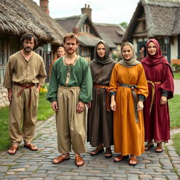 A collection of medieval peasant attires showcasing various styles and colors