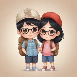 Chibi-style illustration of a beautiful couple with black hair; the boy equipped with a cap, eyeglasses, and a backpack