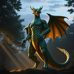 A majestic dragon humanoid standing tall, with intricate scales shimmering in shades of emerald green and gold