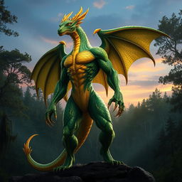 A majestic dragon humanoid standing tall, with intricate scales shimmering in shades of emerald green and gold