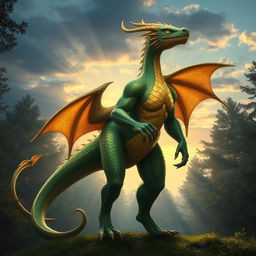 A majestic dragon humanoid standing tall, with intricate scales shimmering in shades of emerald green and gold