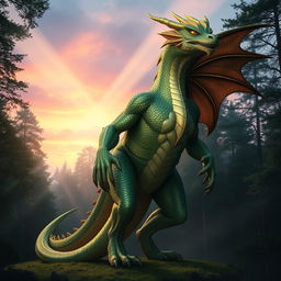 A majestic dragon humanoid standing tall, with intricate scales shimmering in shades of emerald green and gold