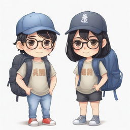 Chibi-style illustration of a beautiful couple with black hair; the boy equipped with a cap, eyeglasses, and a backpack