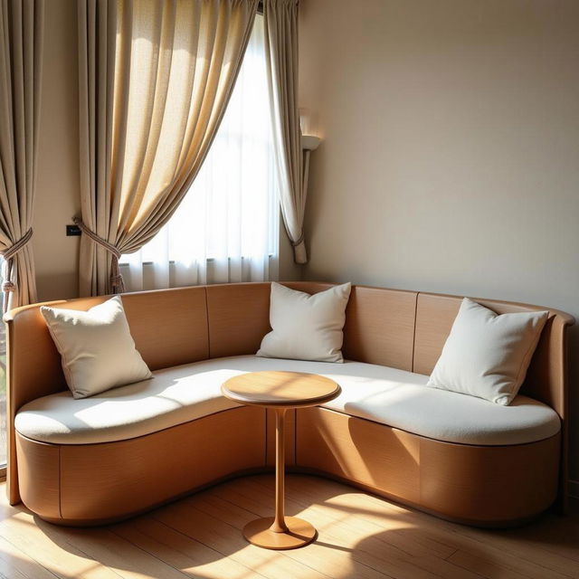 A cozy interior scene showcasing a beautifully designed corner sofa with light-colored cushions placed against a window with soft, flowing curtains