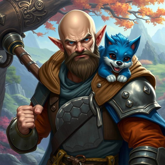 A strong and humorous half-elf adult man with a bald head and striking blue eyes, portrayed as a fantasy paladin