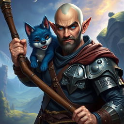 A strong and humorous half-elf adult man with a bald head and striking blue eyes, portrayed as a fantasy paladin