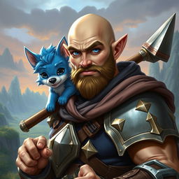 A strong and humorous half-elf adult man with a bald head and striking blue eyes, portrayed as a fantasy paladin