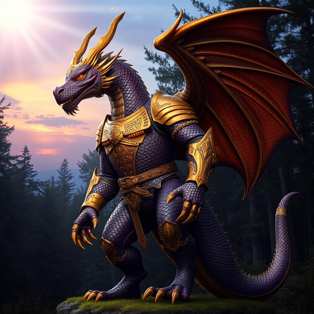 A majestic dragon humanoid standing tall, with intricate scales shimmering in deep shades of purple and iridescent gold