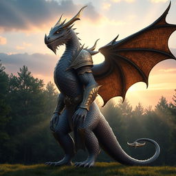 A majestic dragon humanoid standing tall, with intricate scales shimmering in deep shades of purple and iridescent gold