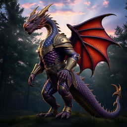 A majestic dragon humanoid standing tall, with intricate scales shimmering in deep shades of purple and iridescent gold