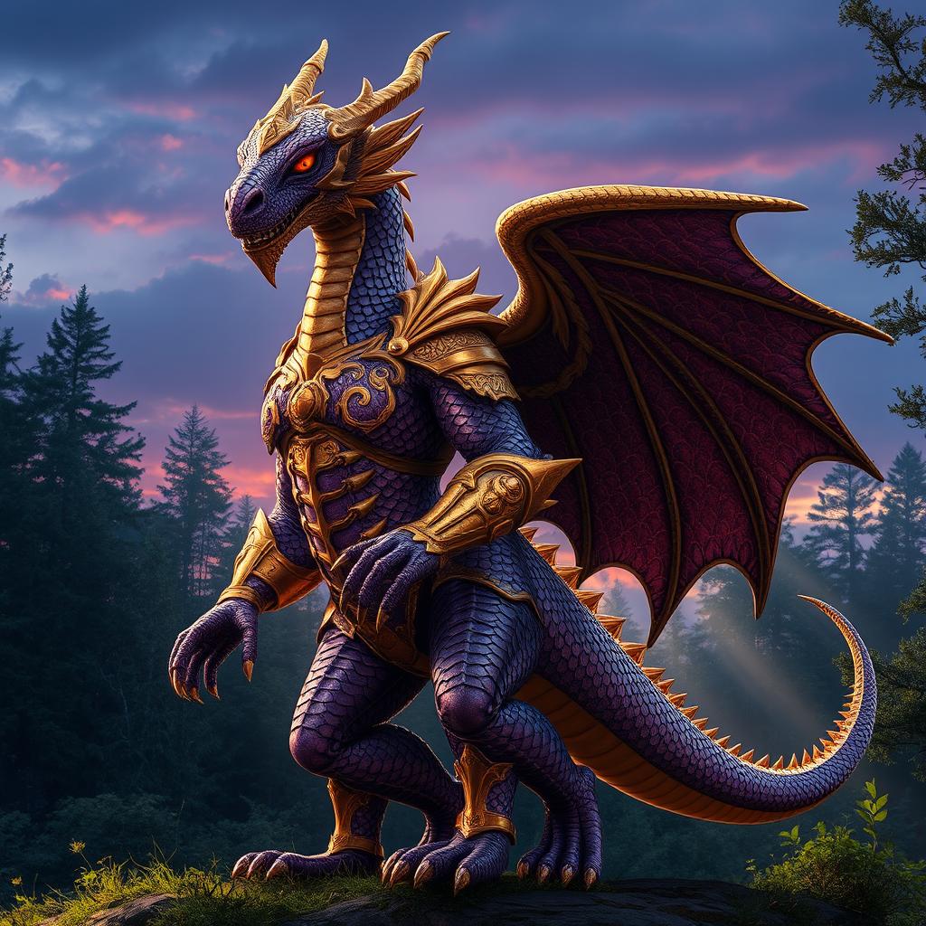 A majestic dragon humanoid standing tall, with intricate scales shimmering in deep shades of purple and iridescent gold