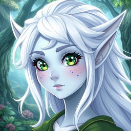 A stunning female elf character with light blue skin, striking green eyes adorned with yellow motives and star-shaped pupils