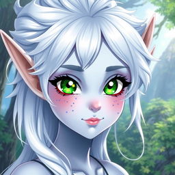 A stunning female elf character with light blue skin, striking green eyes adorned with yellow motives and star-shaped pupils