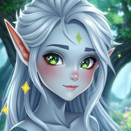 A stunning female elf character with light blue skin, striking green eyes adorned with yellow motives and star-shaped pupils