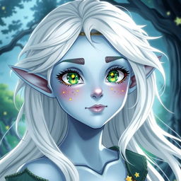 A stunning female elf character with light blue skin, striking green eyes adorned with yellow motives and star-shaped pupils