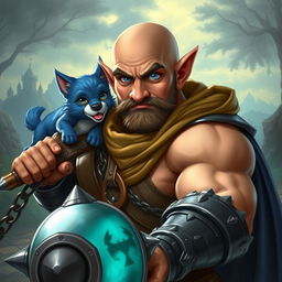 A strong and humorous half-elf adult man with a bald head and captivating blue eyes, depicted as a fantasy paladin