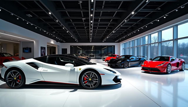 An expansive indoor car dealership featuring dramatic black ceilings enhanced by modern ambient lighting, creating a sleek and stylish atmosphere