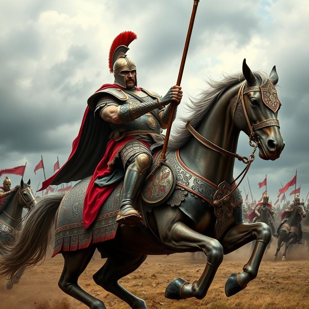 A powerful cataphract in full battle armor, depicting a heavily armored cavalry warrior from ancient times