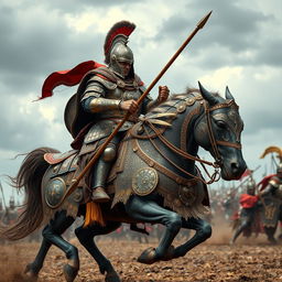 A powerful cataphract in full battle armor, depicting a heavily armored cavalry warrior from ancient times