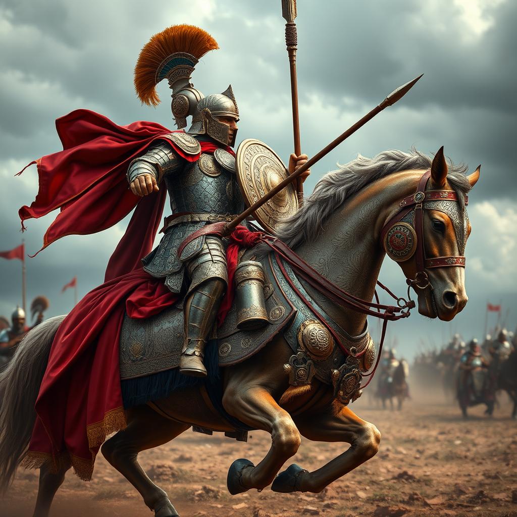 A powerful cataphract in full battle armor, depicting a heavily armored cavalry warrior from ancient times