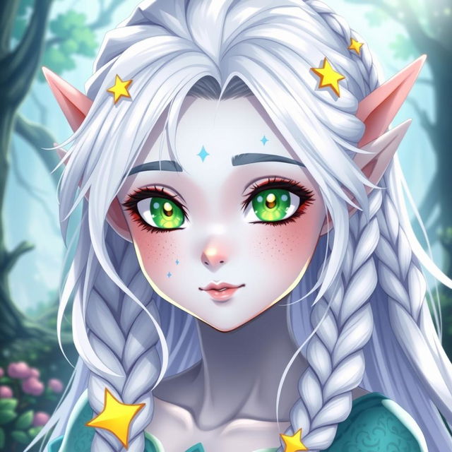 A stunning female elf character with light blue skin, vibrant green eyes featuring yellow motives and star-shaped pupils