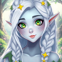 A stunning female elf character with light blue skin, vibrant green eyes featuring yellow motives and star-shaped pupils