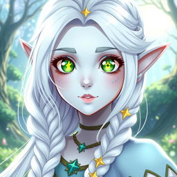 A stunning female elf character with light blue skin, vibrant green eyes featuring yellow motives and star-shaped pupils